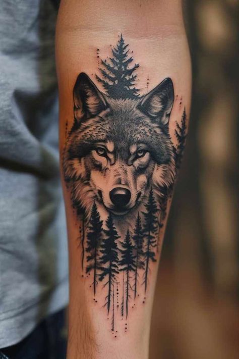 Half Sleeve Wolf Tattoo For Men, Men Tattoo Wolf, Inner Forearm Cover Up Tattoo Men, Wolf Floral Tattoo Design, Wild Animals Tattoo Ideas, Wolf Tattoo For Women Back, Wolf Tattoos Men Forearm, Wolves And Women Tattoo, Wolf Shoulder Tattoo Men