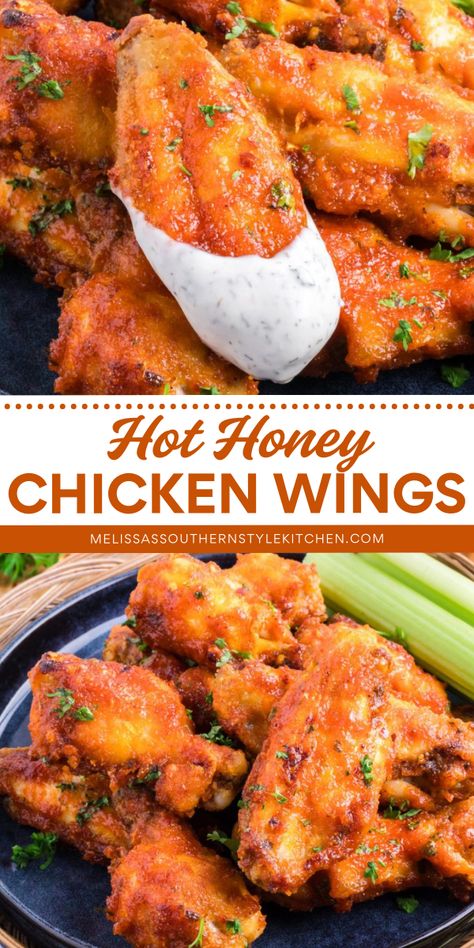 Looking for the perfect wings recipe? Look no further! These Hot Honey Chicken Wings are crispy, flavorful, and easy to make. Try them out and impress your friends at your next game day party. Oven baking, air fryer and deep frying instructions included! Hot Honey Wings Air Fryer, Deep Fried Hot Wings Recipe, Wings Sides Ideas, Hot Honey Wings Recipes, Baked Wings Oven Crispy, Best Air Fryer Wings, Honey Hot Wing Sauce, Baked Chicken Wings Recipes, Honey Barbecue Chicken Wings