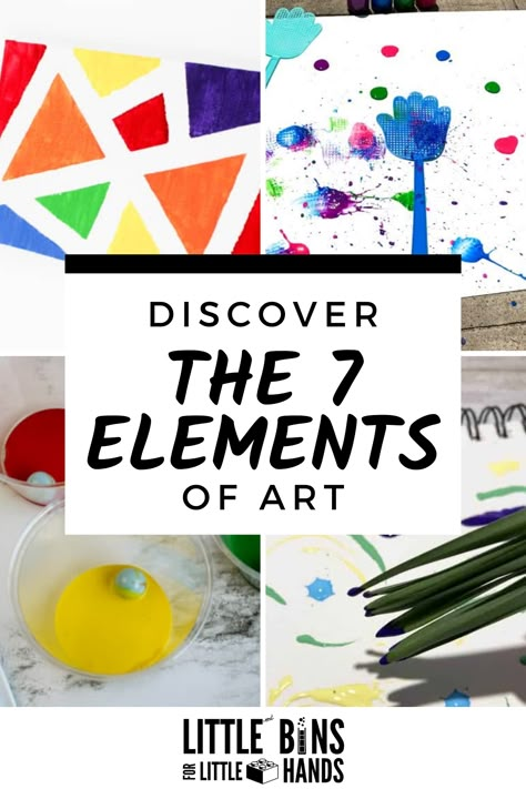 Doing art with kids at home or in the classroom? Then you will want to think about the 7 elements of art! Explore what the 7 elements of art are, why they are important and helpful tips for how to teach them to kids. Plus, you’ll find examples of fun and easy art projects you can use! Make sure to download the free 7 Elements of Art printable below. Teaching Art To Kindergarteners, Elements Of Art Preschool, Art Docent Ideas, Elements Of Art For Preschool, Space Art Element Projects, 7 Art Elements, Art Ideas Ks2, K-5 Art Projects, Teaching Art To Preschoolers