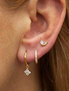 3-Piece Set Of Women's Earrings, Moon Cubic Zirconia, Star Double Headed Earrings, Three Hole Earrings, Stacked Set | SHEIN USA Three Stack Earrings, Triple Lobe Piercing Stack, Thirds Earrings, Three Ear Piercings Lobe, Earring Stacks 3 Holes, Three Lobe Piercings, Three Piercings, Pretty Stacks, 2nd Ear Piercing