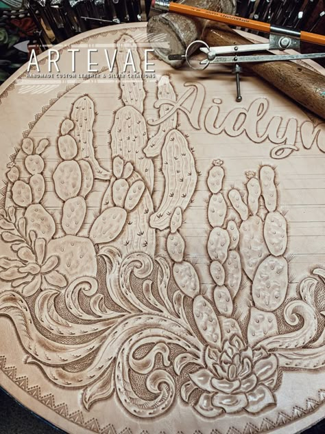 Tooled Leather Desert Scene, Western Tooling Tattoo, Tooled Leather Art, Passion Project Ideas, Wood Burning Diy, Playboy Bunny Tattoo, Leather Tooling Designs, Burn Hats, Tooled Leather Pattern