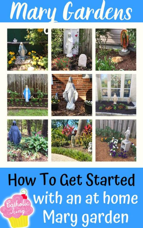 This post has lots of good info from how to choose flowers, how to plan your garden, and how to get the kids involved. This is a great activity to do with Catholic kids! #catholic #catholickids #marygarden #mary #ourlady #liturgicalliving #domesticchurch #catholicicing Faith Garden Ideas, Mary Garden Ideas Backyards, Marian Garden Ideas, Garden Statues Ideas Landscaping, Virgin Mary Statue Garden, Marian Grotto, Meditation Gardens, Raised Garden Beds Ideas, Garden Beds Ideas