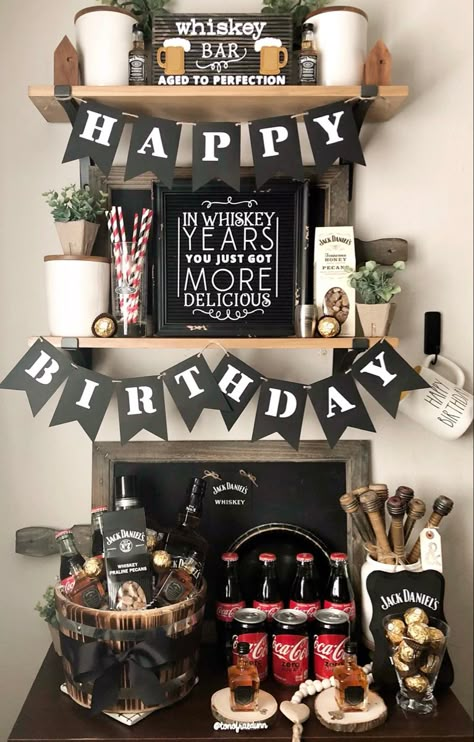 Jack Daniel’s themed birthday party. Includes a JD gift basket. Perfect for the whiskey lover in your life! #jackdaniels #whiskeybar #jackandcoke #giftbasketideas #birthdaypartythemes #letterboard 40th Mans Birthday Party, 29 Birthday For Him Party Ideas, Whiskey Bday Party, Man Bday Party Ideas For Men, Mens 31st Birthday Ideas, Male Party Decorations Birthdays, Jack Daniel’s Birthday Party, Man’s 30th Birthday Party, Jack Daniels Birthday Party Decorations