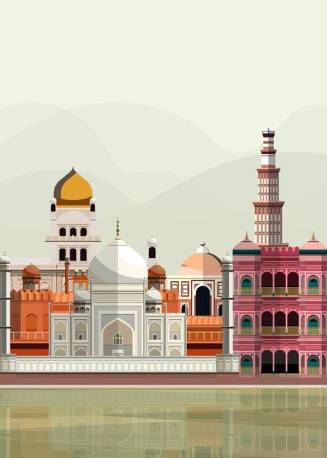 Illustration of indian landmarks | Free Vector #Freepik #freevector #city #building #house #art Indian Architecture Illustration, Indian Landmarks, Nikkah Card, Muslim Background, Wedding Card Digital, Indian Illustrations, Cocktail Book Design, Indian Arch, Indian Monuments