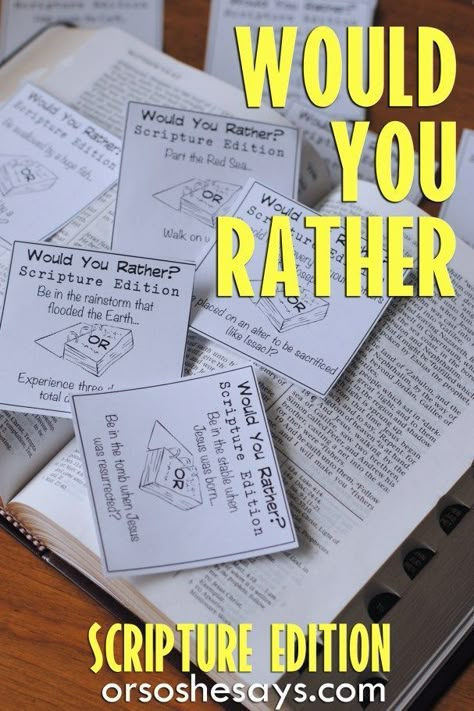 Our Would You Rather Scripture Game is not only a lot of fun, but it will also help you teach your family about the importance of Agency. This free Family Night printable is guaranteed to get your family talking and laughing. Get all the info at www.orsoshesays.com. Christian Escape Room, Where Is Jesus, Bible Trivia, Sunday School Games, Church Games, Escape Room Ideas, Family Ministry, Activity Day Girls, Fhe Lessons