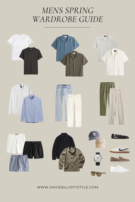 Men's Spring Wardrobe Guide for Spring and Summer!     Mens Spring Style - Mens Spring Fashion - Johnny Collar Polo - Mens Sweater Polo - Adidas Kill Shot - Linen Pants - Pull on Pants - Linen Shorts - Oxford Shirt - Camp Collar Shirt Outfit Ideas Summer For Men, Men’s Capsule Wardrobe Summer Europe, Calm Aesthetic Clothes, Men Summer Capsule, Paris Summer Fashion Men’s, Summer Wardrobe Men, Men's Fashion Capsule Wardrobe, Linen Pants Outfit Men Casual, Summer Capsule Wardrobe Men