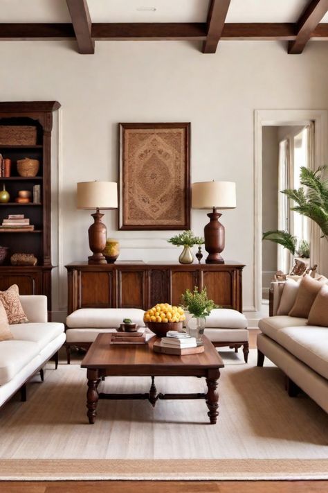 Elegant living room with white sofas, wooden coffee table, decorative fruit bowl, and large framed artwork on the wall. Federal Interior Design, Colonial Indian Interiors, British Indian Aesthetic, Colonial Chic Interior Design, Colonial Farmhouse Interior Design, British Colonial Dining Room, Colonial Style Living Room, American Colonial Interior, Modern Colonial Interior Design