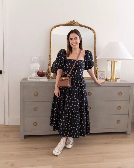 Puff Sleeve Dress With Sneakers, White High Top Converse Dress Outfit, Midi Dress And Converse, Midi Outfit Dress, Converse And Dress Outfit Formal, Dress With Chuck Taylors, Midi Dress With Converse, Casual Modest Dress, White Converse With Dress