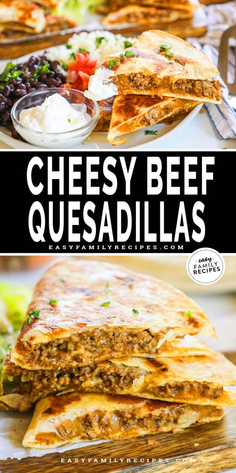 These Ground Beef Quesadillas are a simple and heart meal that the whole family will love! Juicy ground beef crumbles are seasoned to perfection, then layered with melty cheese in a perfectly golden, crisped tortilla. Enjoy as-is or customize with your favorite add-ins and toppings! Cheesy Beef Quesadilla, Quesadilla Recipes Beef, Ground Beef Quesadillas, Quesadilla Recipes Easy, Beef Quesadillas, Cheesy Ground Beef, Dijon Chicken, Quesadilla Recipe, Mexican Dinner Recipes