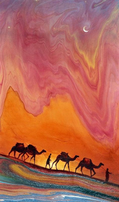 Camels Art, Ebru Art, Arabian Art, Ancient Paintings, Moroccan Art, Soyut Sanat Tabloları, Turkish Art, Arabic Art, Marble Art