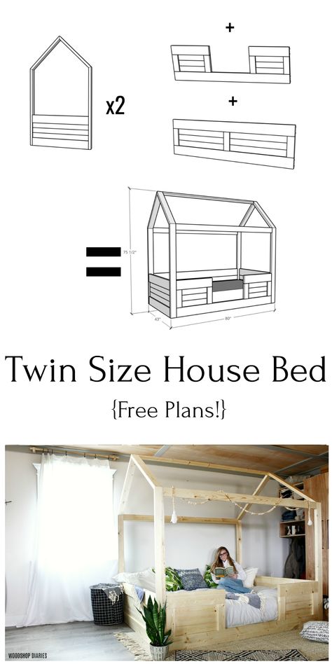 FREE PLANS to build this adorable twin size house bed from construction lumber and easy beginner joinery.  It's built in sections to make this DIY bed frame easy to assemble and disassemble to move when needed.  Perfect for a kid's room, but if you're looking for your own hang out spot, this plan is easily modified for any bed size.  And the roof boards would be great for hanging banners, fabric, etc.  Kid's furniture just got more fun! Twin Size Floor Bed Plans, Montessori House Bed Diy, Montesorri Bed Plans, Twin Bed Frame Diy Kids, Twin Montessori Bed Plans, Diy Montessori Bed Twin, Diy Twin Bed Frame For Toddler, Easy Diy Twin Bed Frame, Twin House Bed Frame Diy