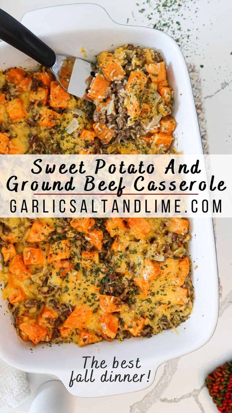 This cheesy, sweet potato ground beef casserole recipe is very easy to make. It's delicious & the ultimate, healthy-ish comfort food. The whole family will love this tasty meal. It's especially perfect for cold fall & winter nights when you need a hot meal to warm your home. This recipe makes a lot & leftovers are good for meal prep. Eat them for lunch or dinner the next day! I love packing a piece of casserole to heat up at the office, especially when I'm tired of sandwiches & craving hot ... Potato Ground Beef Casserole, Sweet Potato Ground Beef, Potato Ground Beef, Casserole Meal, Ground Beef Casserole Recipes, Healthy Ground Beef, Beef Casserole Recipes, Ground Beef Casserole, Dinner With Ground Beef