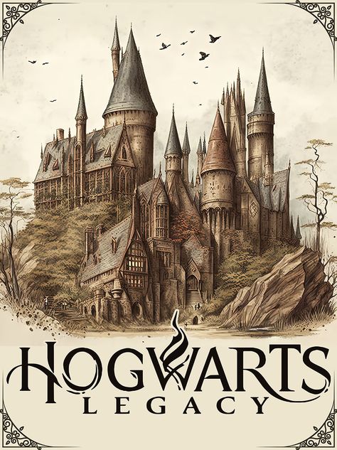 Fanart of the Hogwarts school made in old book illustration style. Inspired by the J.K. Rowling novels, Hogwarts Legacy video game, and H. Potter movies. Available on all sorts of t-shirts, hoodies, notebooks, mugs, stickers, phonecases, etc. #gryffondor #hogwarts #legacy #crest Hogwarts Legacy Poster, Hogwarts Legacy Wallpaper, Hogwarts Legacy Fanart, Hogwarts Books, Hogwarts Poster, Old Book Illustration, Hogwarts Fanart, Hogwarts Style, Hogwarts Logo