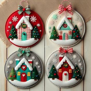 4 simple Christmas houses, made of felt and felt, each in a padded medallion with Christmas colors and details - Image Creator in Bing Christmas Fayre Ideas, Christmas Decorations Sewing, Christmas Orniments, Christmas Wreaths Diy Easy, Felt Crafts Christmas, Christmas Embroidery Patterns, Christmas Houses, Handmade Christmas Crafts, Felt Christmas Decorations