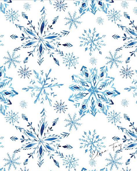 Holiday illustration by watercolor artist Elena Fay, snowflakes repeat pattern Frozen Pattern, Elsa Fanart, Reading Journal Ideas, Snowflake Wallpaper, Textiles Ideas, Winter Artwork, Christmas Fabrics, Snowflake Cards, Learn Watercolor