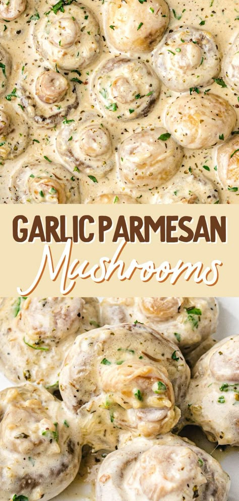 Garlic Parmesan Mushrooms Button Mushroom Recipes Side Dishes, Side Mushroom Dishes, Side Dish Mushrooms, Brown Foods For Party, Easy Recipes With Mushrooms, Parmesan Crusted Mushrooms, Easy Mushroom Side Dish, Mushroom Lunch Ideas, Mushroom Snack Recipes