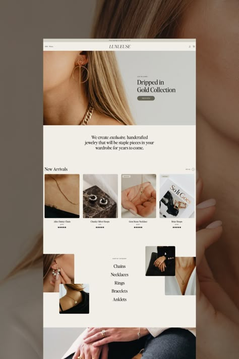 Luxury custom Shopify website design for Luxueuse, a jewelry brand selling high-end pieces. Website designed by Chantelle Richardson, the owner of Capri & Rome, who creates modern website designs that are mobile-responsive and strategically designed for high-ticket offers. #capriandrome.com #jewelrywebsite #mobilefriendlywebsite #ecommercewebsite #rentalbusinesswebsite #shopifydesigner #shopifywebsite Jewelry Banner, Jewelry Website Design, Luxury Website, Website Design Inspiration Layout, Website Banner Design, Modern Website Design, Best Website Design, Shopify Website Design, Professional Web Design