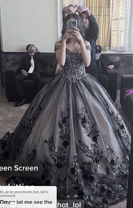 Black And Silver Ball Gown, Masquerade Quinceanera Ideas Dresses, Black Quince Dresses With Sleeves, Qencenera Dresses Black, Corpse Bride Quinceanera Dress, Rock Quinceanera, Blue Grey Quinceanera Dresses, Black And Champagne Quince Dress, Black And Silver Quince Dress