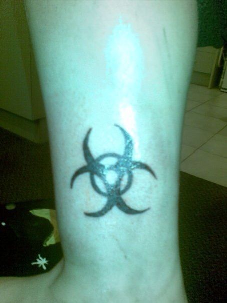 Biohazard Hazard Sign Tattoo, Toxic Waste Symbol Tattoo, Biohazard Symbol Tattoo, Cute Gore Tattoo, Bio Hazard Tattoo, Ghastly Tattoo, Dystopia Tattoo, Biohazard Aesthetic, Toxic Tattoo