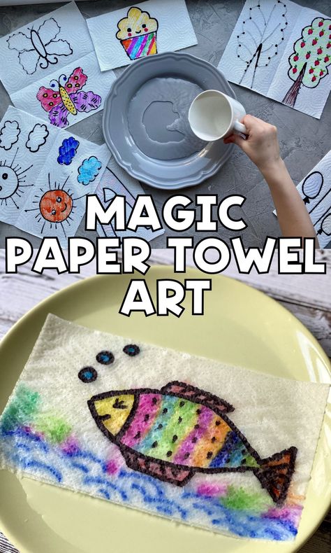 Magic Appearing Pictures Paper Towel Art Experiment  - In The Playroom Magic Paper Towel Experiment, Magic Crafts For Kids Art Projects, Magic Paper Towel Art, Magic Themed Crafts, Magic Crafts For Kids, Magic Activities, Paper Towel Art, Towel Art, Paper Towel Crafts