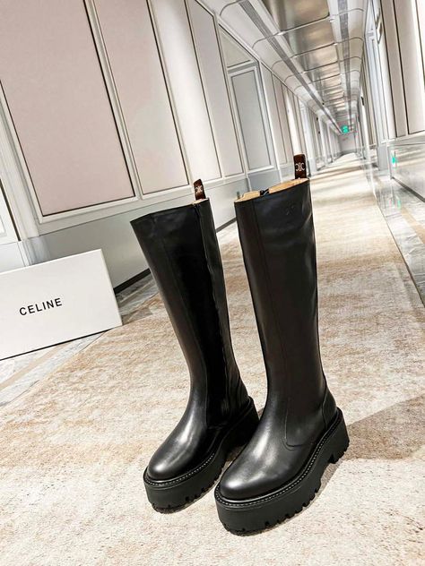 Celine - Women’s Boots Thick Sole Shoes, Celine Boots, Celine Women, Platform Shoes Black, Black Platform Shoes, Stunning Prom Dresses, Mid Boots, Black Motorcycle, Combat Boot