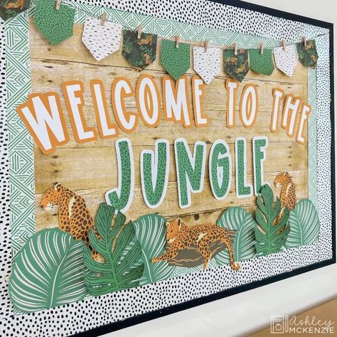 Modern Jungle Back to School Bulletin Board Kit Bulletin Board Background, Classroom On A Budget, Jungle Bulletin Boards, Forest Theme Classroom, Jungle Theme Classroom Decorations, Safari Theme Classroom, Preschool Jungle, Ashley Mckenzie, Bulletin Boards Theme