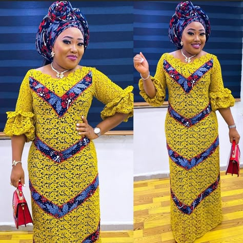 Ankara With Lace Combination Styles, Dry Lace Gown Styles, Lace Combination Styles Gown, Ankara And Lace Combination Styles Gown, African Lace Styles Gowns, Asoebi Lace Style, Ankara Combination Styles, Lace Asoebi Styles, Yakoema Fashion