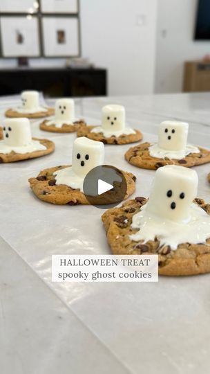 20K views · 218 reactions | cutest marshmallow ghost cookies for halloween 👻 these would be the best last minute spooky treat to make for a Halloween party or for a fun dessert after trick or treating! 

My kids looooved them so I’ll be making them again in a week for halloween 🎃 

Recipe: 
Pillsbury chocolate chip cookie roll and bake to directions (I did larger cookies)
Marshmallows 
White melting chocolate
Black icing pen 

Just be sure to let the chocolare set and harden on the marshmallows completely before drawing the ghost faces 

#halloweencookies #halloweendesserts #halloweentreats #halloweenbaking #fallbaking #kidshalloweentreats #ghostcookies #halloweenpartyfood | Jade Roberts O’Neal Pillsbury Chocolate Chip Cookies, Cookie Roll, Black Icing, Cookies For Halloween, Cute Marshmallows, Fun Dessert, Ghost Cookies, Spooky Treats, Halloween Baking