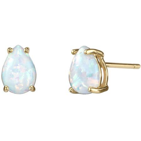 14K Yellow Gold Pear Shape Created Opal Stud Earrings, Women's White Opal Stud Earrings, White Opal Earrings, Fire Opal Earrings, Opal Stud Earrings, Opal Earrings Stud, Solitaire Studs, Classic Earrings, Opal Studs, Green Opal