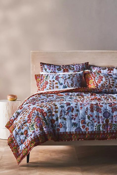 Top-Rated Bedding | Anthropologie Quilts And Bedding, Earthy Floral Bedding, Bedding Layers Quilt, Boho Anthropologie Bedroom, Colorful End Of Bed Quilt, Patterned Beds, Hibiscus Quilt, Bedding Coverlets, Beds To Buy