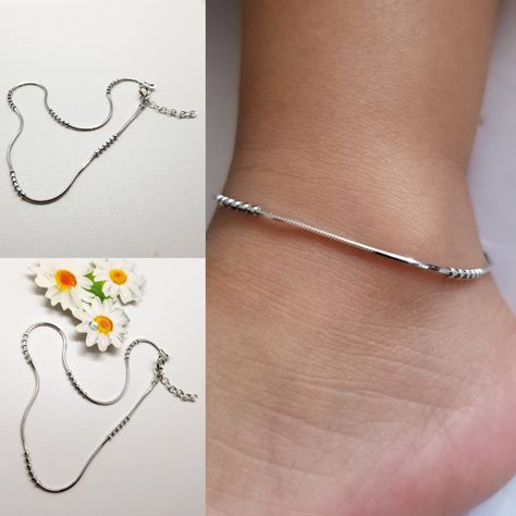 Sterling Silver Ankle Bracelet #etsy shop: Sterling Silver Anklet, Silver Ankle Bracelet, Foot Bracelet, Anklet Silver, Foot Accessory, Dainty Ankle Bracelet, Ankle Bracelet Silver #silveranklet #anklebracelet #footbracelet #footaccessory #anklet https://etsy.me/3at38yq Silver Leg Anklet, Women Anklets Silver, Simple Payal Designs Silver, Silver Anklet Design Simple, Antique Silver Anklet, Baby Jewelry Gold, Silver Chain Anklet, Trendy Silver Jewelry, Silver Anklets Designs