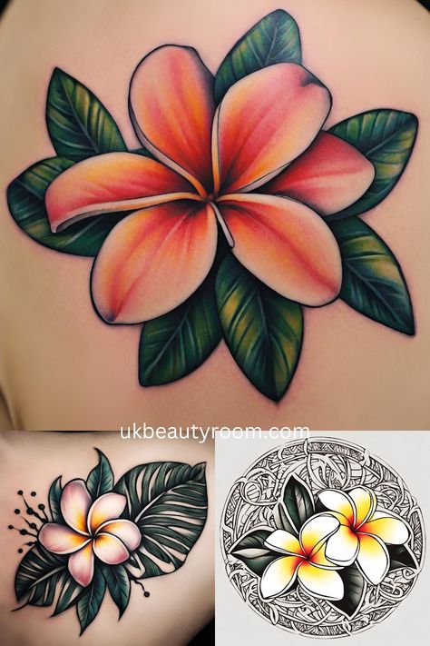 77 Beautiful Flower Tattoo Ideas and their Symbolism Woman Side Arm Tattoo, Hawian Flowers Tattoo Design, Hawaii Simple Tattoo, Plumeria Flower Tattoos Hawaii, Small Plumeria Flower Tattoos, Hawaiian Shoulder Tattoo For Women, Plumeria Tattoo Color, Tropical Flower Tattoos For Women, Hawaiian Floral Tattoos