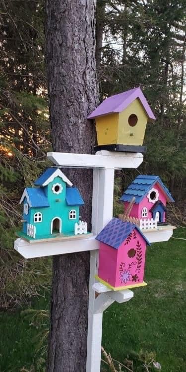 Bird Houses On Posts Ideas, Bird House Village Backyards, Birdhouse Village Ideas, Birdhouse Garden Ideas Yards, Bird House Stands Diy Ideas, Bird House Village, Diy Birdhouse Easy, Birdhouses In The Garden, Porch Flower Bed