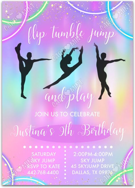 Quickly personalize. Includes matching thank you card.   Host a successful birthday party starting with this gymnasts pink/blue invite!   You can edit this product yourself, during and/or after purchase. Print or send as an Evite.  Image watermarks will be removed after purchase.  The dimensions are 5"x7". Gymnastic Invitations Birthdays, Gymnastic Birthday Card, Gymnastics Birthday Invitations Free, Gymnastic Themed Birthday Party, Gymnastics Party Invitations, Jump Birthday Party, Gymnastic Birthday, Gymnastics Birthday Invitations, 1st Birthday Invitations Boy