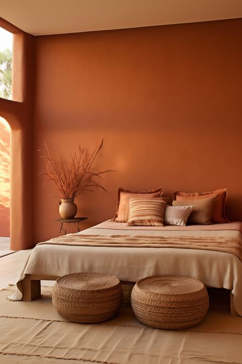 A serene bedroom with walls bathed in terracotta, complemented by a white ceiling. The room features a platform bed with terracotta and white linens, a bamboo nightstand, and a terracotta ceramic vase. A terracotta and beige woven wall hanging and a matching ottoman complete the Zen atmosphere. Diy Boho Interior, Bedroom Paint Terracotta, Terracotta Theme Bedroom, Clay Bedroom Walls, Terracotta Room Aesthetic, Modern Orange Bedroom, Dusty Orange Bedroom, Terracotta Bedroom Aesthetic, Dessert Interior Design