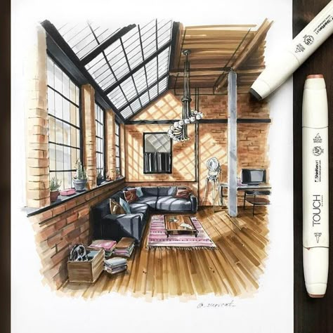 Loft Apartment Interior Design, Loft Apartment Interior, Colored Sketches, Interior Design Sketchbook, Interior Sketches, Design Portfolio Layout, Interior Design Renderings, Drawing Interior, Model Architecture