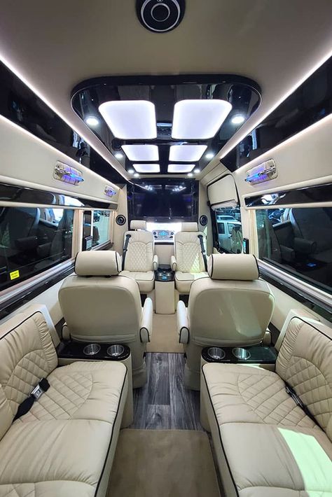 Benz Sprinter Luxury, Mercedes Sprinter Van Luxury, Mercedes Sprinter Luxury, Mercedes Van Interior, Dream Cars Inside, Mercedes V Class Luxury, Mercedes Sprinter Van Conversion, Luxury Bus Interior, Sprinter Van Interior Ideas