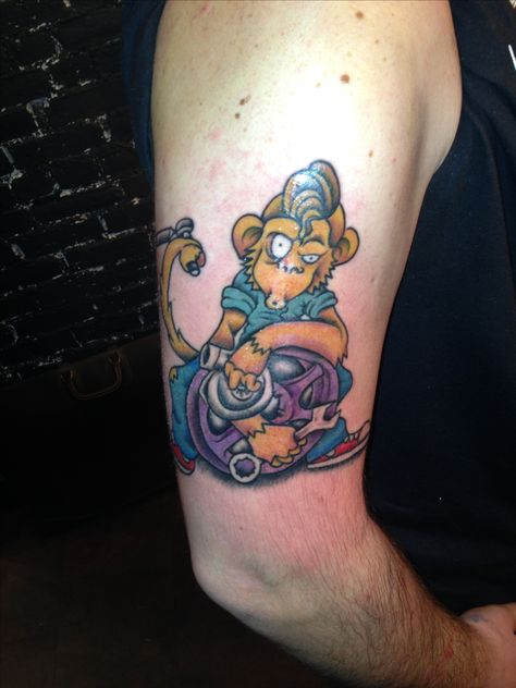 Grease monkey tattoo Hanging Monkey Tattoo, Grease Monkey Tattoo, Monkeys Tattoo Ideas, Monkey Leg Tattoo, Wood Monkey Tattoo, Grease Tattoo, Monkey Tattoo Ideas, Tattoo Ideas Small Simple, Monkey Tattoo