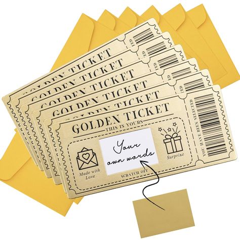 6 Pieces Golden Ticket Scratch-off Cards with Envelopes, Scratch & Reveal Surprise Ticket for Writing Your Own Special for Birthday, Girlfriends, Wives, Valentine's Day Card, Christmas Gift Card Gifting Tickets Ideas Creative, Scratch Off Ticket Gift Ideas, Ticket Graphic Design, Gift Card Packaging, Christmas Ticket, Intaglio Printing, Happy Chocolate Day, Dinner Gifts, Theatre Gifts