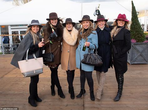 Glam Cheltenham racegoers protect festival finery with brollies on very rainy opening day | Daily Mail Online Cheltenham Races Fashion, Long Tweed Coat, Trilby Hats, Cheltenham Races, Roll Neck Top, Races Fashion, Emerald Green Dresses, Rugby Team, Cocktail Hat