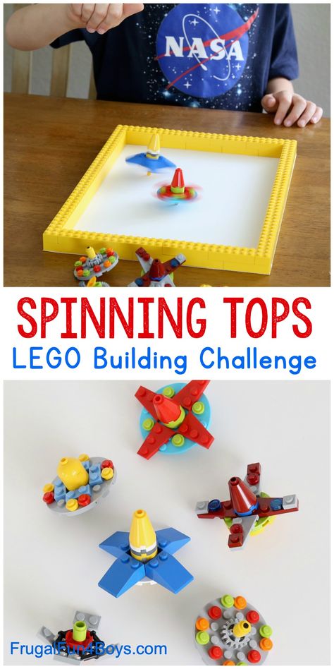 Spinning Tops LEGO Building Idea - Frugal Fun For Boys and Girls Uppfostra Barn, Lego Camp, Building Challenge, Lego Challenge, Lego Club, Construction Lego, Lego Diy, Lego Activities, Spinning Tops