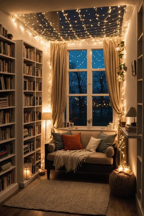 Ideas For Library Decoration, Sitting Nook Ideas Cozy Corner, Home Reading Nook Ideas, Book Room Inspiration, Cozy Dark Office, Reading Spot Ideas, Cosy House Decor, Moody Reading Corner, She Shed Book Nook