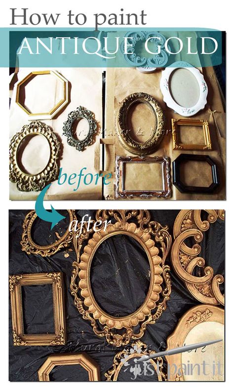 How to paint an Antique Gold Faux Finish - Just Paint It Blog #howto #painting #fauxfinish #crafts Antique Gold Paint, Diy Mirror Frame, Faux Gold Leaf, Antique Gold Mirror, Bathroom Mirrors Diy, Faux Metal, Plastic Mirror, Mirror Frame Diy, Bathroom Mirror Frame