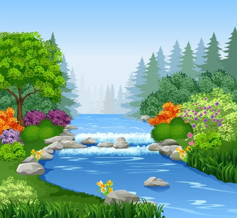 River In Forest, Forest Vector, Landscape Wall Painting, Doodle Frames, Water Photography, Mountain River, Take Better Photos, Landscape Illustration, Cartoon Background