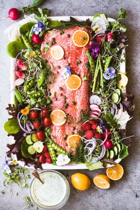 Spring Salmon Salad Platter for Easter, Passover, Mother's Day, or your best friend's shower ~ a heart healthy side of wild salmon over pretty spring greens! #easy #recipe #salmon #side #wildsalmon #fish #easter #passover #mothersday #spring #edibleflowers #pansies #salad #dinner #meatless #healty #omega3 #hearthealthy #maincoursesalad #brunch Easter Dinner Ideas, The View From Great Island, Full Fat Yogurt, Red Onion Relish, Small Food Processor, Wild Salmon, Salmon Salad, Healthy Sides, Easter Dinner