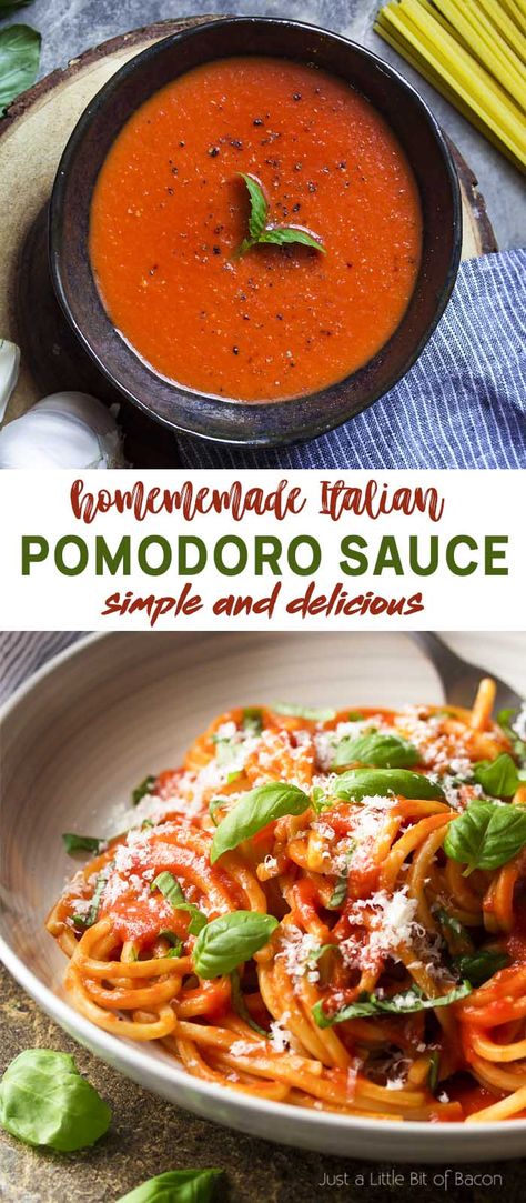 Learn how to make the best traditional Italian pomodoro sauce with canned tomatoes! This homemade tomato sauce is simple to prepare with authentic flavor. Perfect for pasta or as the base in many Mediterranean recipes. | justalittlebitofbacon.com #italianrecipes #italian #tomatorecipes #tomatoes #tomatosauce Homemade Italian Dishes, Homemade Tomato Sauce For Lasagna, Pomodoro Sauce Recipe Italy, Traditional Tomato Sauce, Italian Pomodoro Sauce, Authentic Pomodoro Sauce, Spicy Pomodoro Sauce, Best Pomodoro Sauce, Tomato Based Sauces