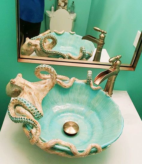 Coastal Bathroom Sinks | Frosted Glass, Shells, Fish & more - Coastal Decor Ideas Interior Design DIY Shopping Mermaid Bathroom, Sink Ideas, Coastal Bathrooms, Sea Inspired, Blue Pottery, Cute Room Decor, Dream House Decor, Beach House Decor, Aesthetic Room Decor