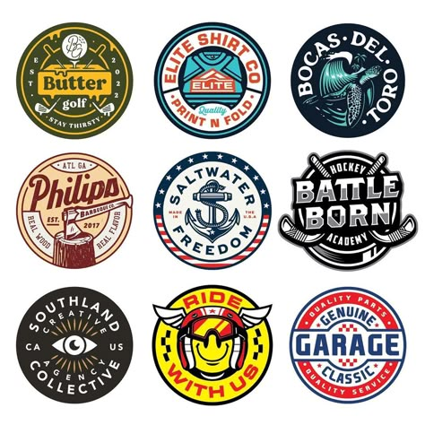 Select circular badges for a variety of clients - which is your favorite? 👂🏼 #graphicdesign #badgedesign #logo #logodesigner #logodesigns… | Instagram Circle Sticker Design, Logo Circle Design, Circular Logos, Circular Logo Design, Circular Stickers, Badge Logo Design, Circular Logo, Vintage Badge, Golf Prints