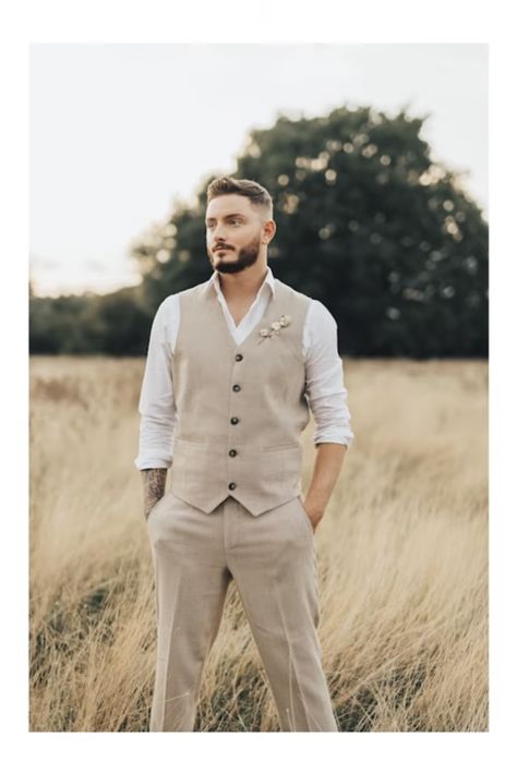 Tan Vest Outfit Men, Mens Wedding Attire Khaki Pants, Tan Groom Attire, Groom With Vest Only, Vest Only Groomsmen, Tan Vest Groomsmen, Groom Attire Beige, Casual Groomsmen Attire Khakis, No Suit Groomsmen