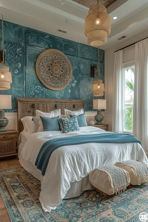 Bohemian Colorful Bedroom, Bedroom Interior Boho, Beach House Rooms Bedrooms, Boho Theme Bedroom, Coastal Boho Interior, Light Blue Boho Bedroom, Boho Bedroom Interior, Natural Bedroom Ideas, Nature Bedroom Ideas